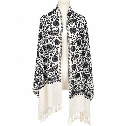 Elegant Black and White Embroidered Shawl – Boho Chic Statement Wrap