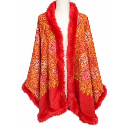 Red Gold Boho Shawl with Faux Fur Trim, Paisley Kimono Wrap, Bohemian Festival Outerwear, Vintage Statement Cape