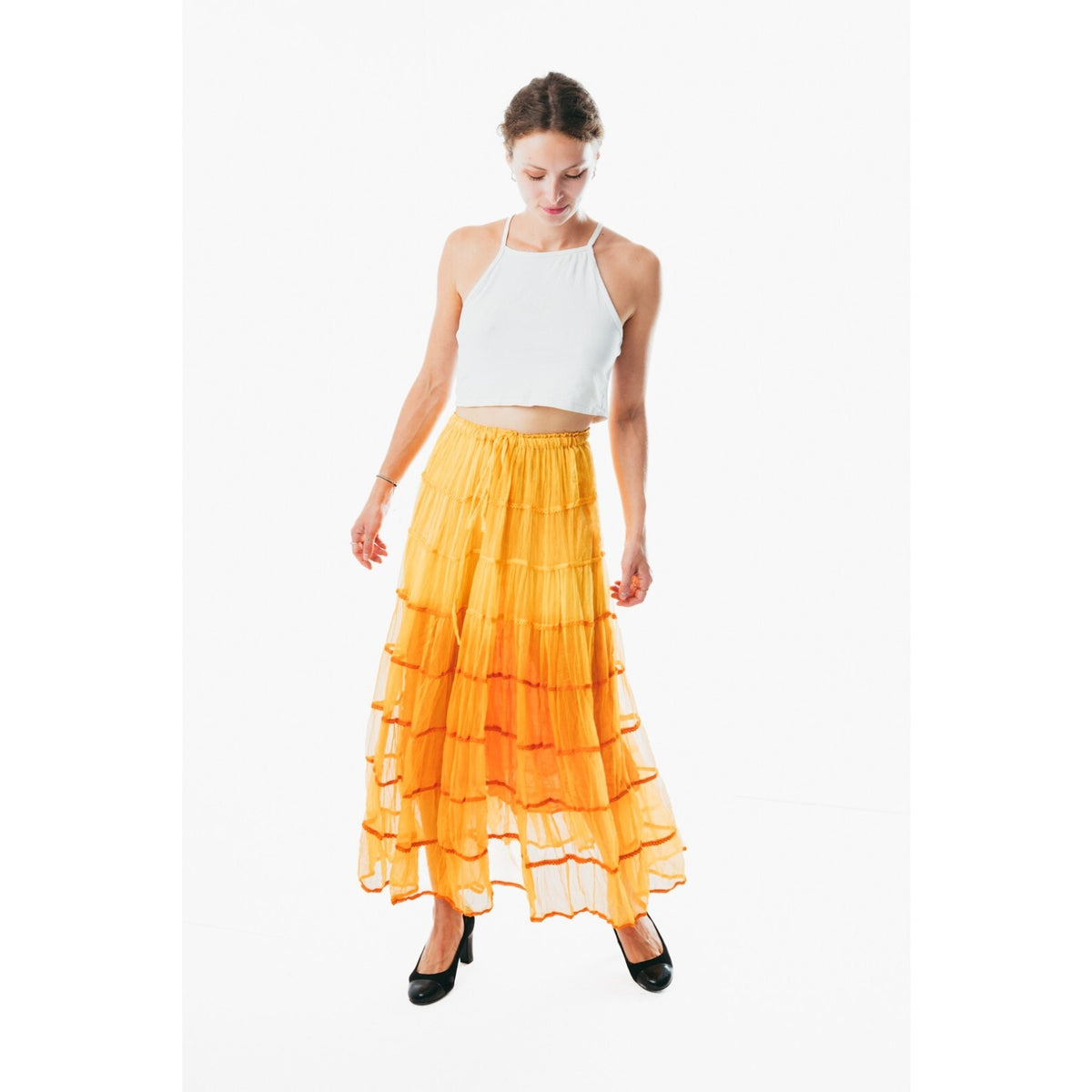 Summer Elastic Waist blue maxi Skirt Cotton color Casual Loose A-line Pleated