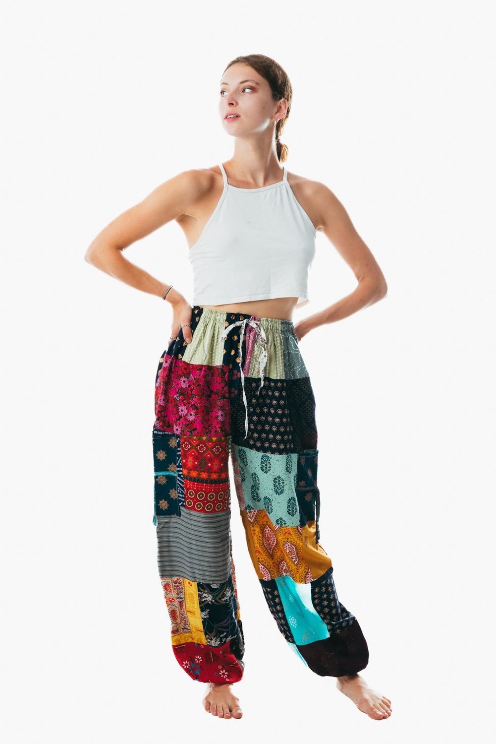 Unisex patchwork cotton harem pajama pants balloon trouser for men and women