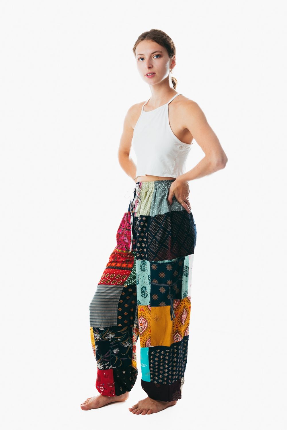Unisex patchwork cotton harem pajama pants balloon trouser for men and women