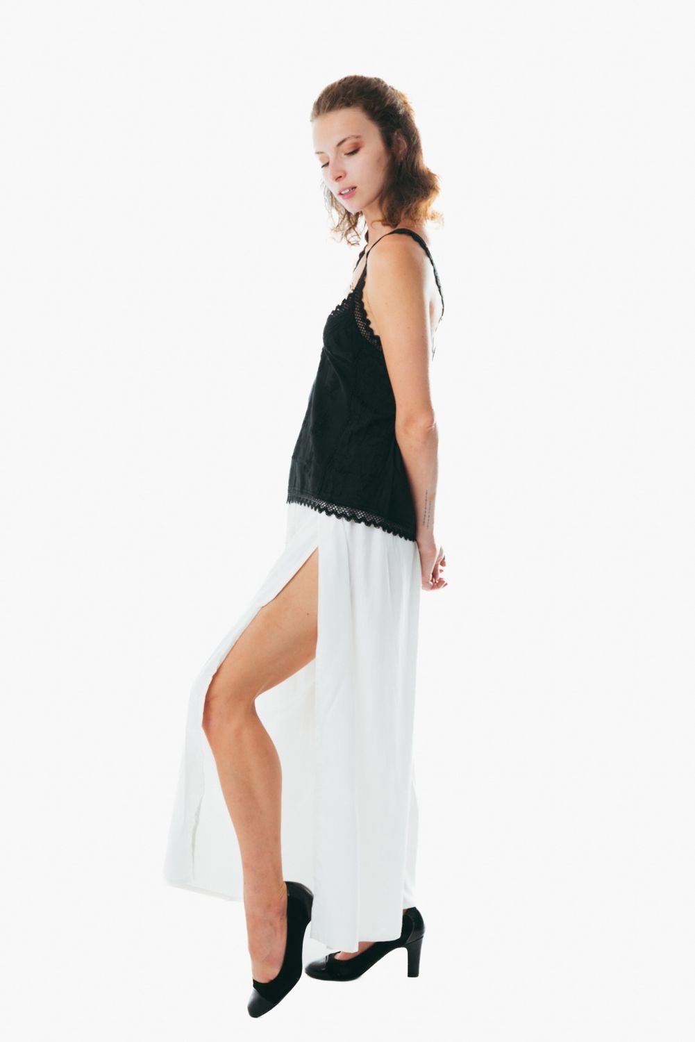 Cotton white wide leg slit pants for women
