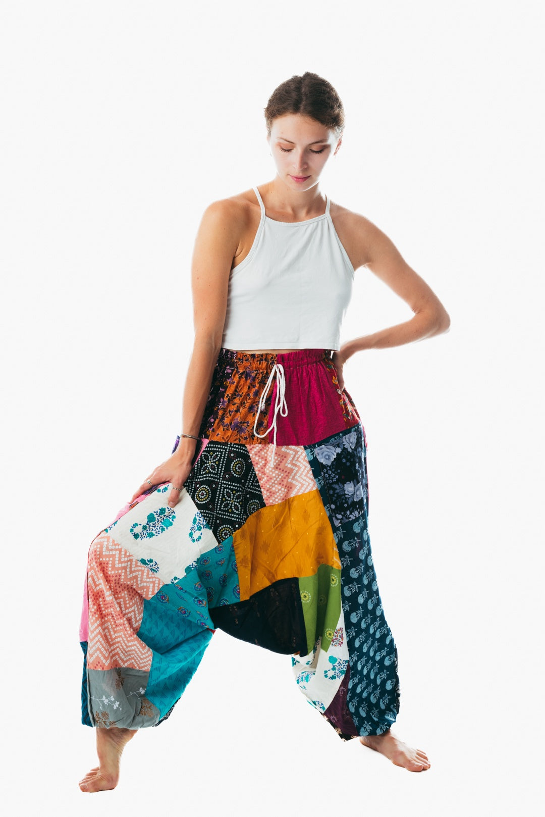 Unisex patchwork cotton harem pajama pants balloon trouser for men and women