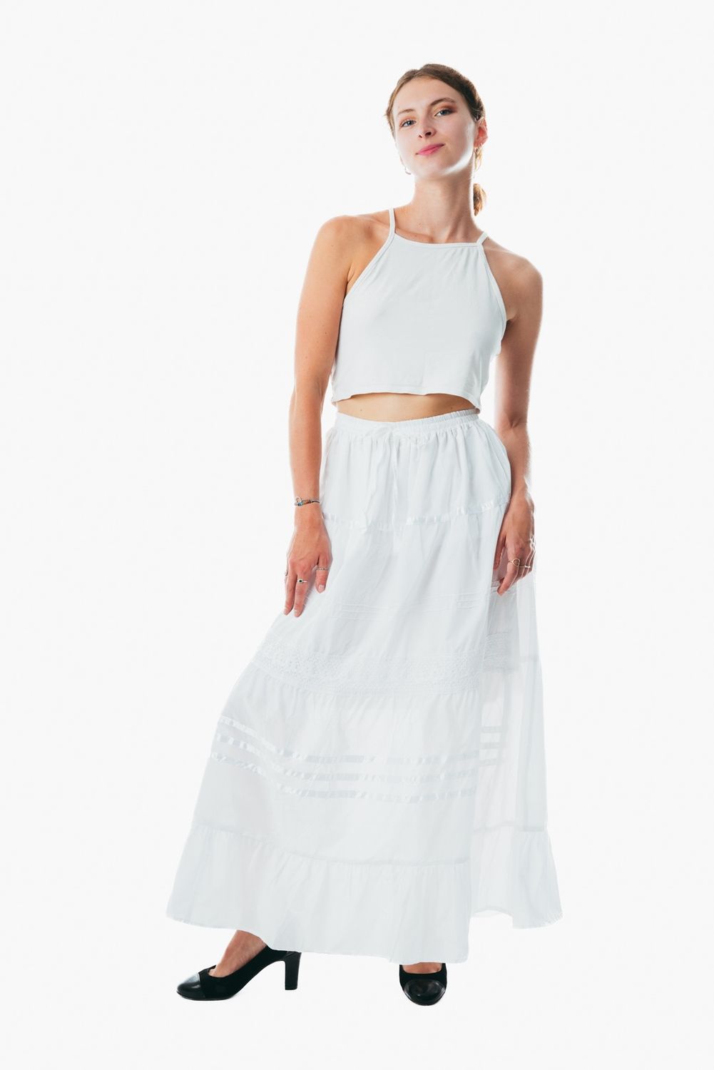 Flowy white a line maxi skirt frock wrap for ladies  