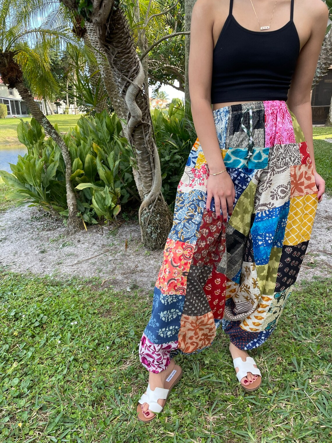 Unisex patchwork cotton harem pajama pants balloon trouser for men and women