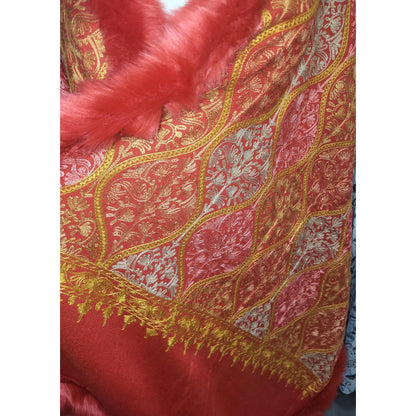 Red Gold Boho Shawl with Faux Fur Trim, Paisley Kimono Wrap, Bohemian Festival Outerwear, Vintage Statement Cape