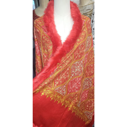 Red Gold Boho Shawl with Faux Fur Trim, Paisley Kimono Wrap, Bohemian Festival Outerwear, Vintage Statement Cape