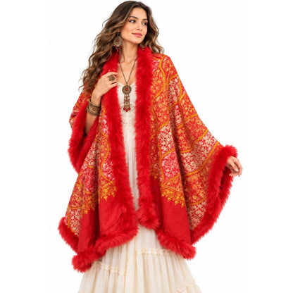 Red Gold Boho Shawl with Faux Fur Trim, Paisley Kimono Wrap, Bohemian Festival Outerwear, Vintage Statement Cape