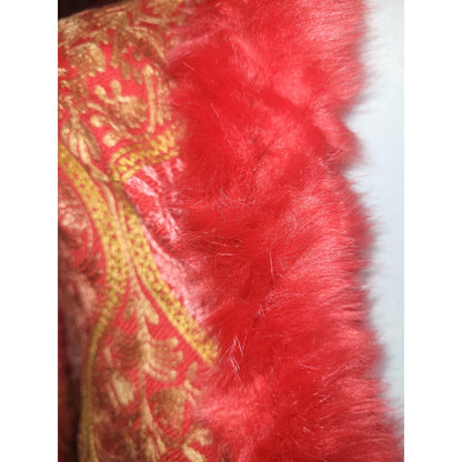 Red Gold Boho Shawl with Faux Fur Trim, Paisley Kimono Wrap, Bohemian Festival Outerwear, Vintage Statement Cape